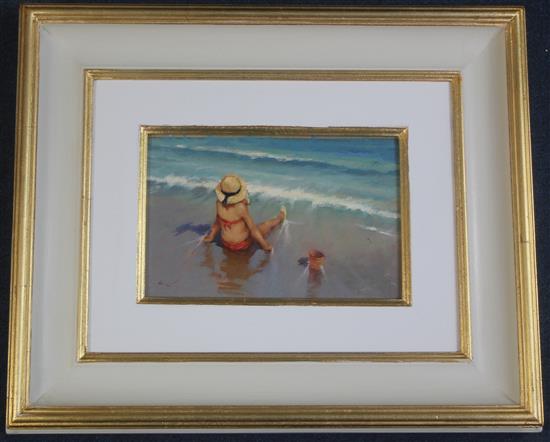 Ken Moroney (b.1949) Child on the seashore, 6.5 x 10in.